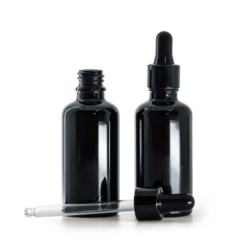 Fényes fekete üvegpalack fényes fekete pipettával, 50 ml