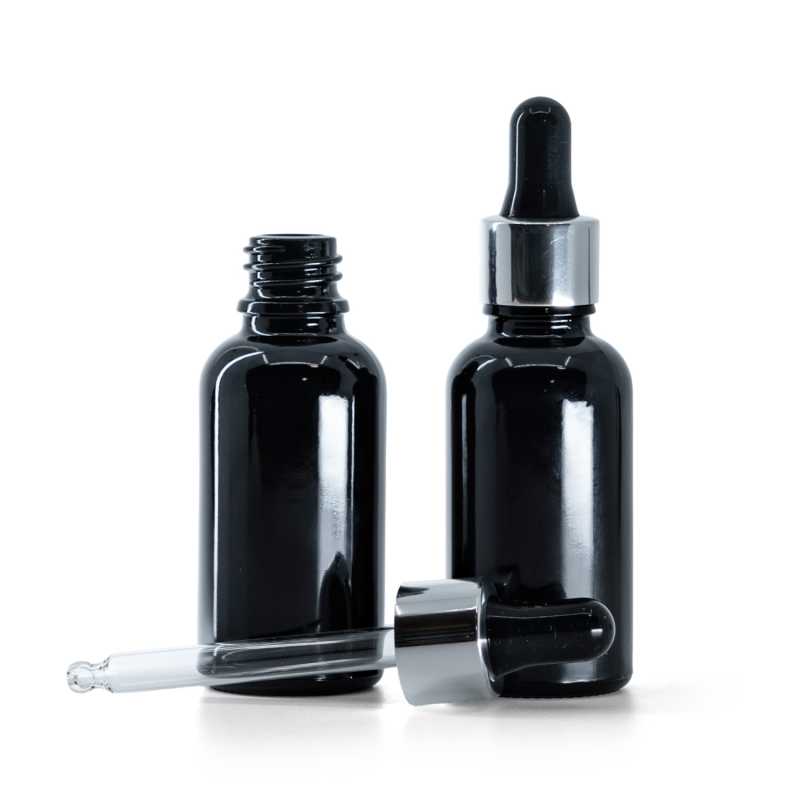 Fényes fekete üvegpalack, fekete-ezüst pipetta, 30 ml