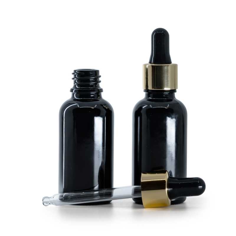 Fényes fekete üvegpalack fekete-arany pipettával, 30 ml
