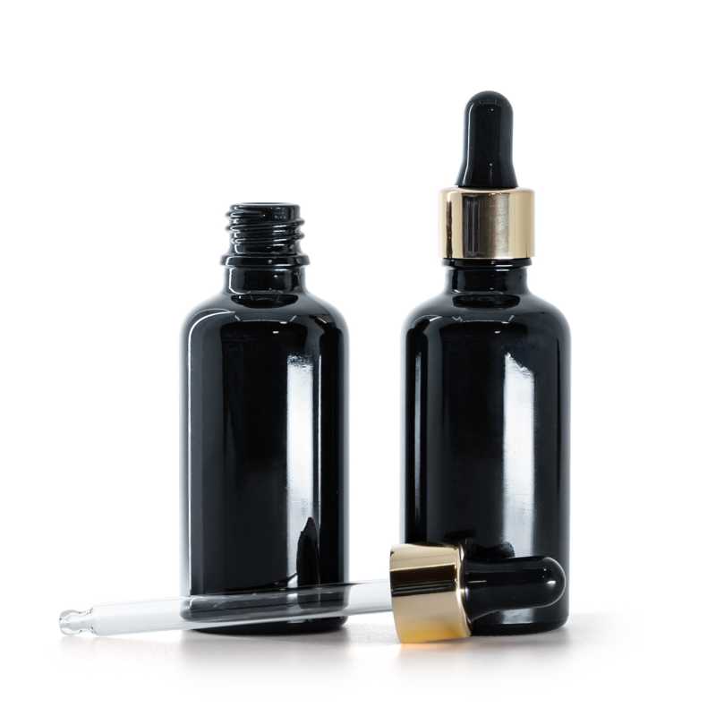 Fekete, fényes üvegpalack, fekete-arany pipetta, 50 ml