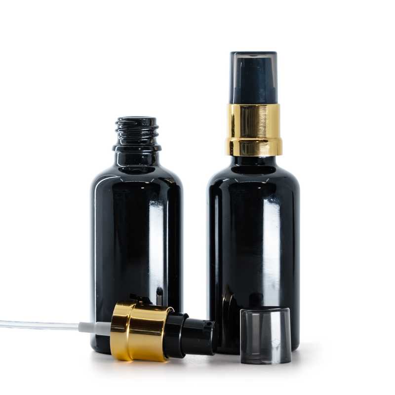 Fekete fényes üvegpalack fényes fekete-arany adagolóval, 50 ml
