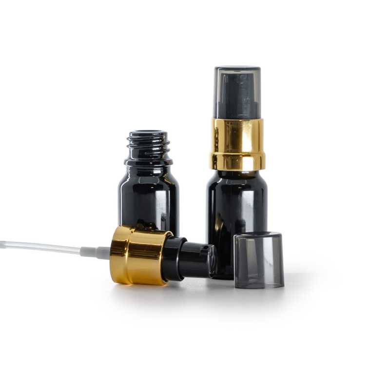 Fényes fekete üvegpalack, fényes fekete-arany adagoló, 10 ml