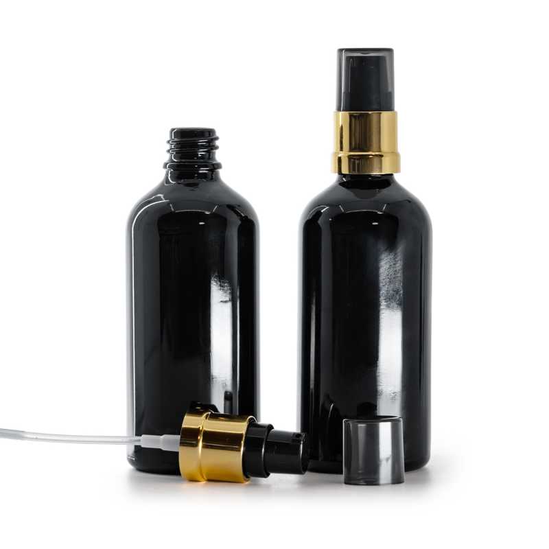 Fekete fényes üvegcse, fekete-arany fényes pumpa füstös felső kupakkal, 100 ml