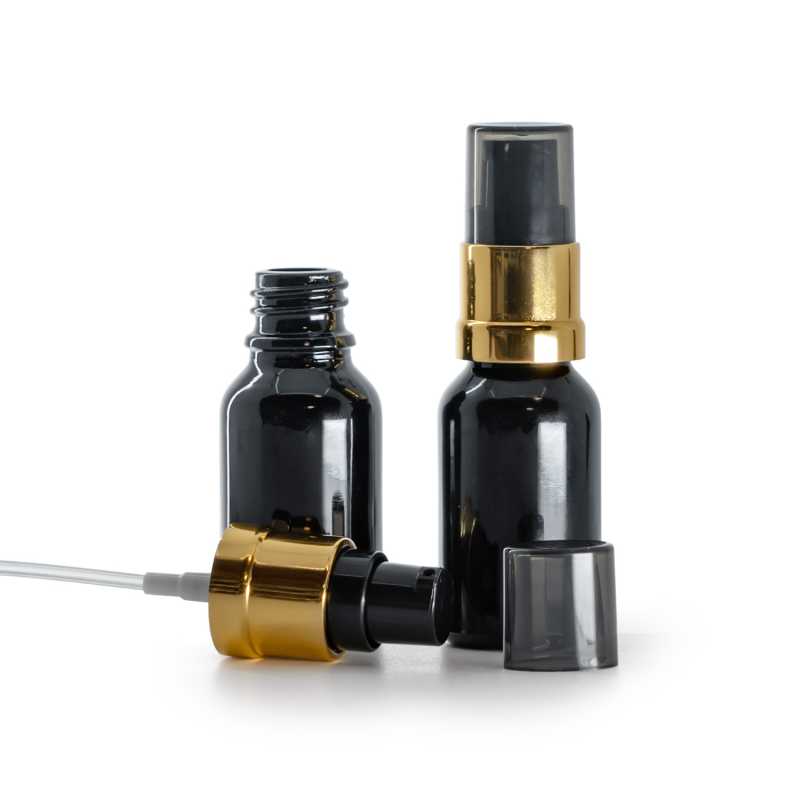 Fekete fényes üvegpalack, fekete-arany fényes pumpás adagoló, 15 ml