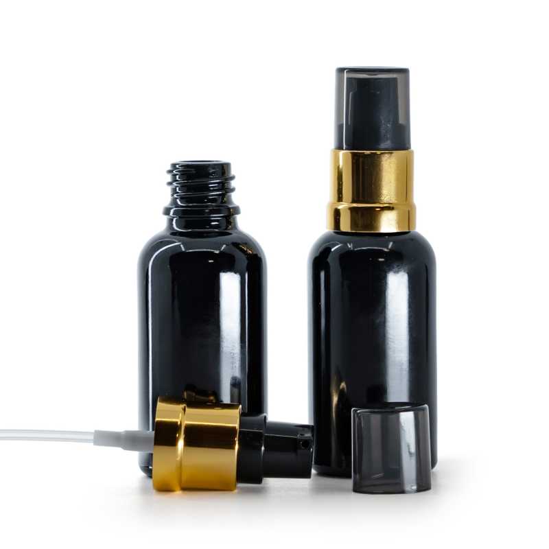Fekete fényes üvegcse, fekete-arany fényes pumpa füstös felső kupakkal, 30 ml