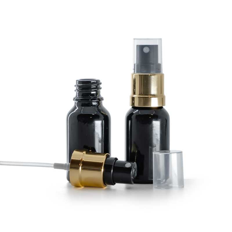 Fekete fényes üvegpalack fekete-arany permetezőfejjel 15 ml