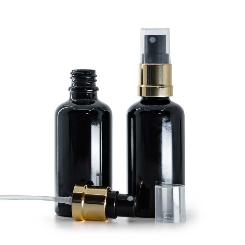 Fényes fekete üvegpalack fekete-arany permetezőfejjel, 50 ml