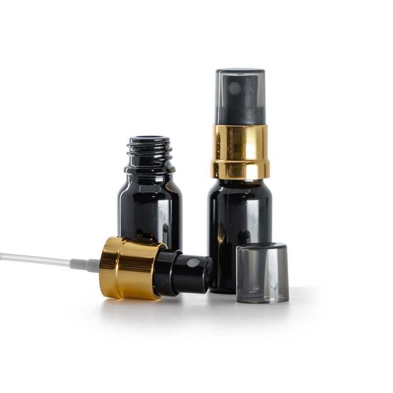 Fekete fényes üvegcse, fekete-arany finompermetező füstös felső kupakkal, 10 ml