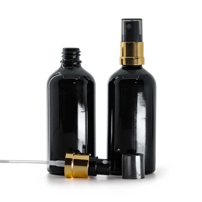 Fényes fekete üvegpalack, fényes fekete-arany permetező, Smokey kupak, 100 ml