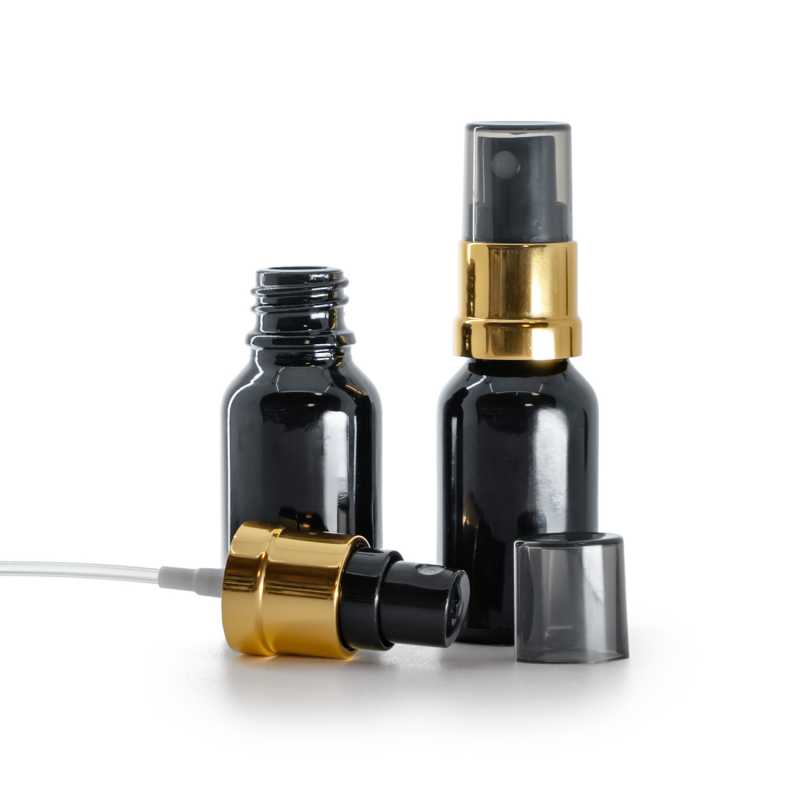 Fekete, fényes üvegcse, fekete‑arany finompermetező füstös felső kupakkal, 15 ml