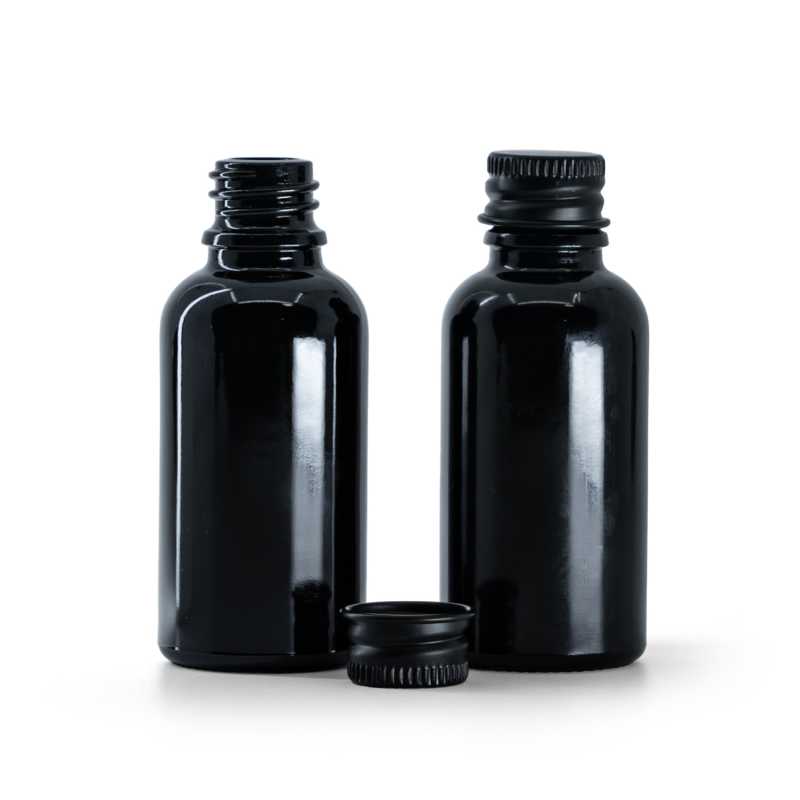 Fekete, fényes üvegpalack, fekete alumínium kupak, 30 ml