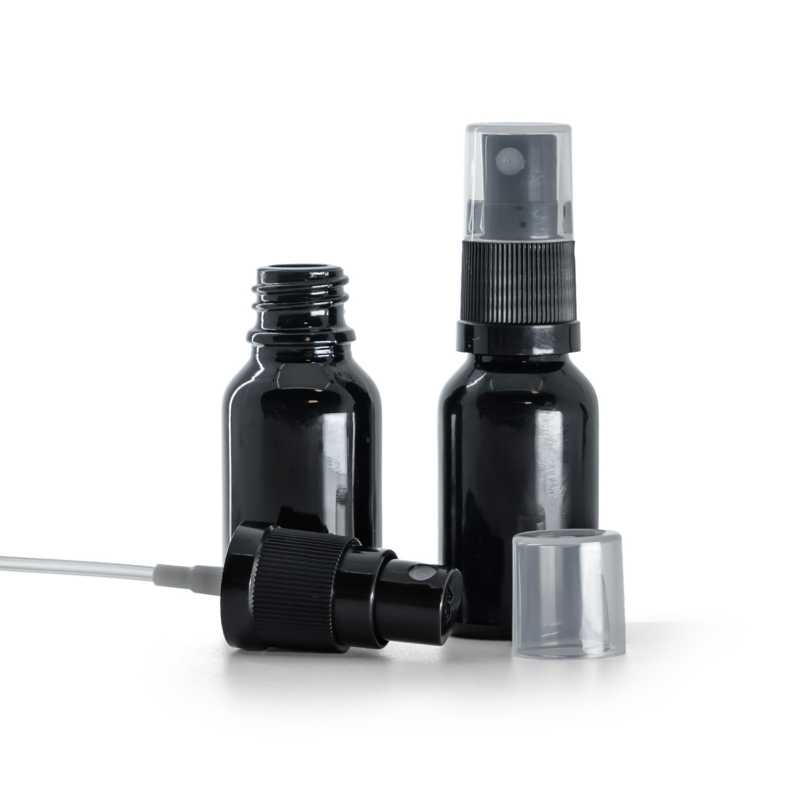 Fekete fényes üvegpalack, fekete permetezőfej, 15 ml