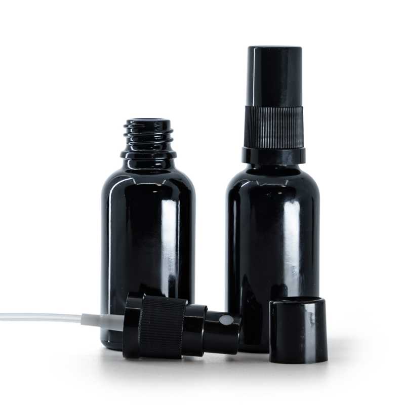 Fekete fényes üvegpalack, permetező, fekete kupak, 30 ml