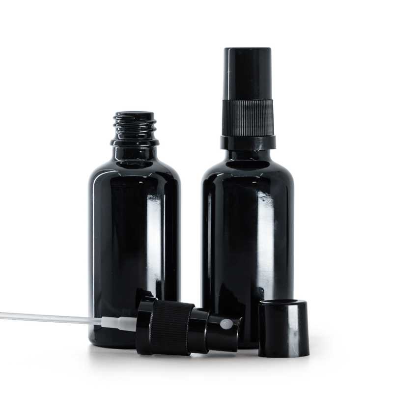 Fényes fekete üvegpalack, permetező, fekete kupak, 50 ml