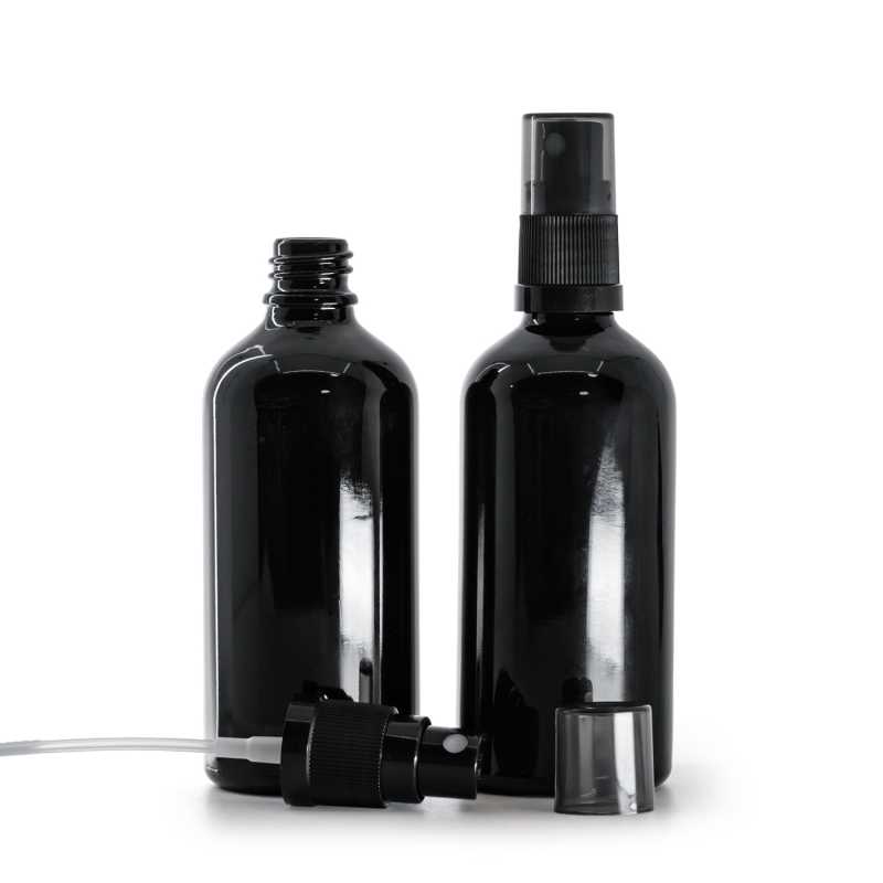 Fekete fényes üvegcse, fekete finompermetező, füstös felső kupak, 100 ml