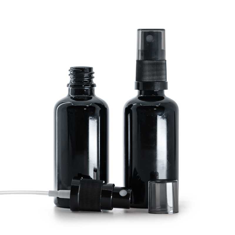 Fényes fekete üvegcse, fekete finompermetező, füstös felső kupak, 50 ml