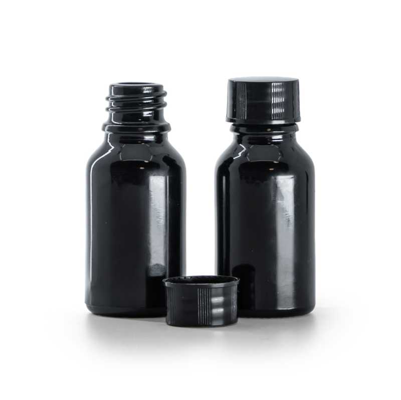 Fekete, fényes üvegpalack, fekete kupak, 15 ml