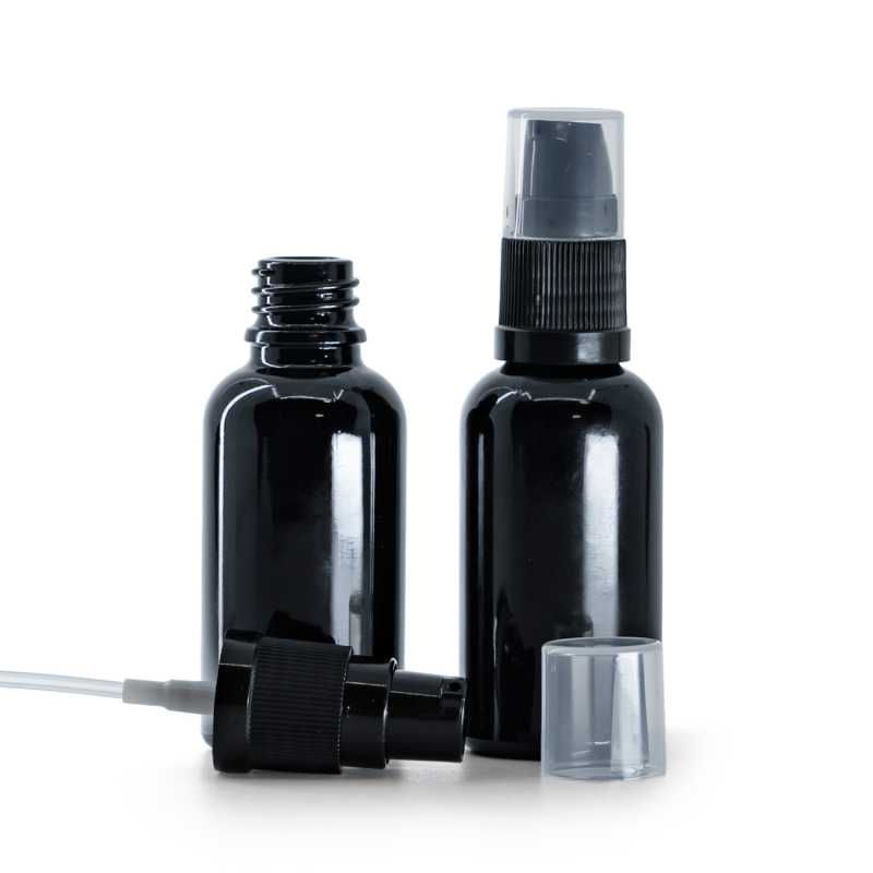Fekete fényes üvegpalack adagoló pumpával 30 ml