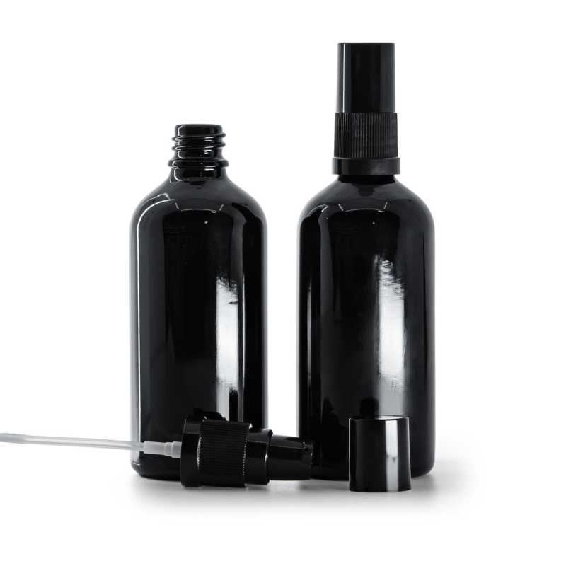 Fényes fekete üvegpalack, krémadagoló fekete kupakkal, 100 ml