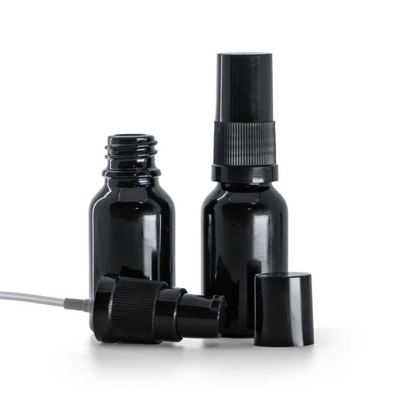 Fényes fekete üvegpalack, krémadagoló fekete kupakkal, 15 ml