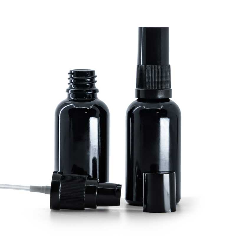 Fényes fekete üvegpalack krémpumpával és fekete kupakkal, 30 ml