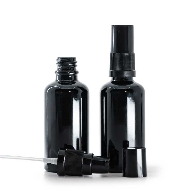 Fekete fényes üvegpalack krémpumpával és fekete kupakkal 50 ml