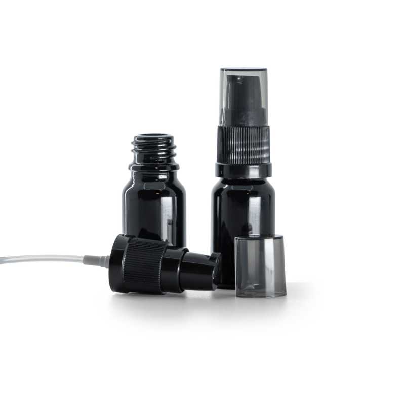 Fényes fekete üvegpalack, krémadagoló pumpa füstös kupakkal, 10 ml
