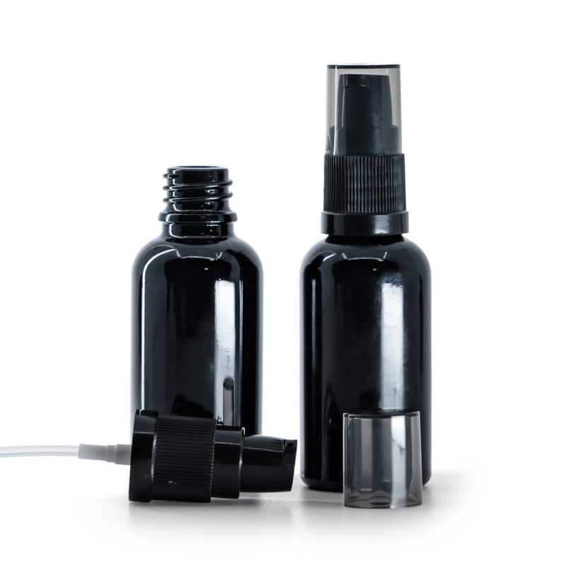 Fényes fekete üvegpalack, krémadagoló pumpával füstös kupakkal, 30 ml