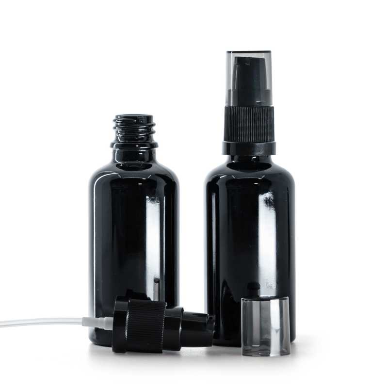 Fényes fekete üvegpalack, krémadagoló füstszínű kupakkal 50 ml