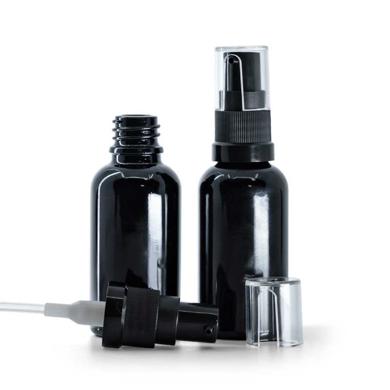 Fényes fekete üvegpalack, olajpumpa, 30 ml