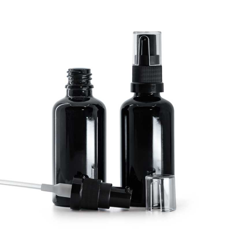 Üvegpalack, fényes fekete, olajadagoló pumpa, 50 ml