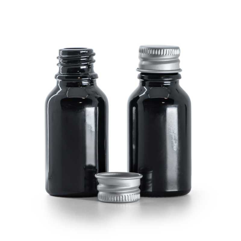 Fényes fekete üvegpalack ezüst alumínium kupakkal 15 ml