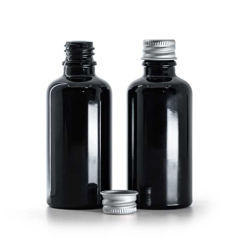 Fekete, fényes üvegpalack, alumínium kupakkal, 50 ml