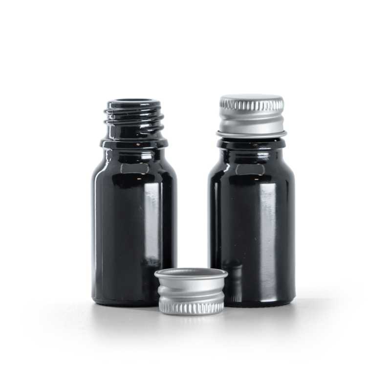 Flakon, üveg, fekete fényes, 10 ml, alumínium kupak, ezüst