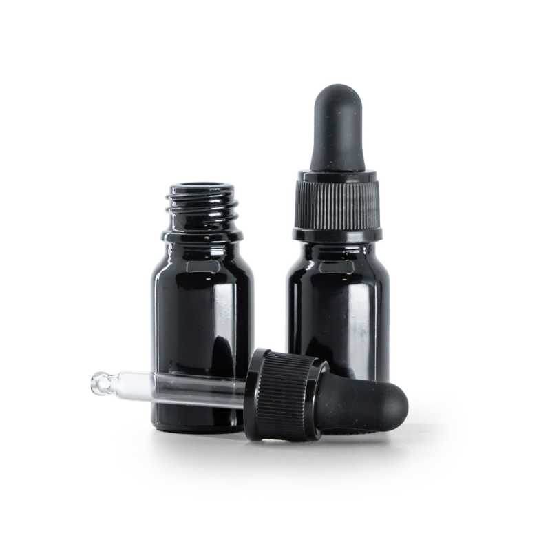 Fényes fekete üvegpalack, matt fekete cseppentő, 10 ml