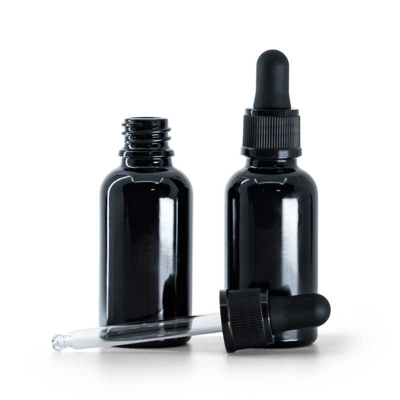 Fényes fekete üvegpalack, matt fekete cseppentő, 30 ml