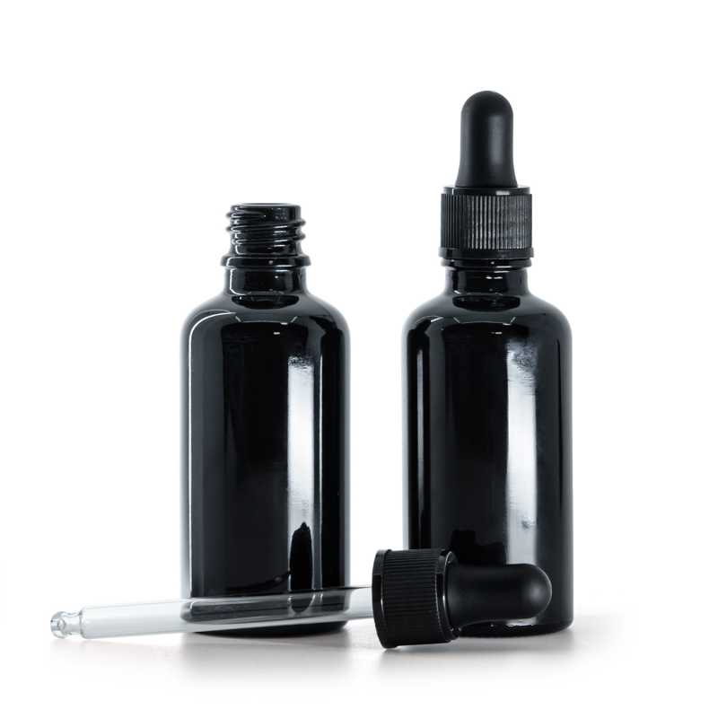 Fényes fekete üvegpalack matt fekete pipettás kupakkal 50 ml