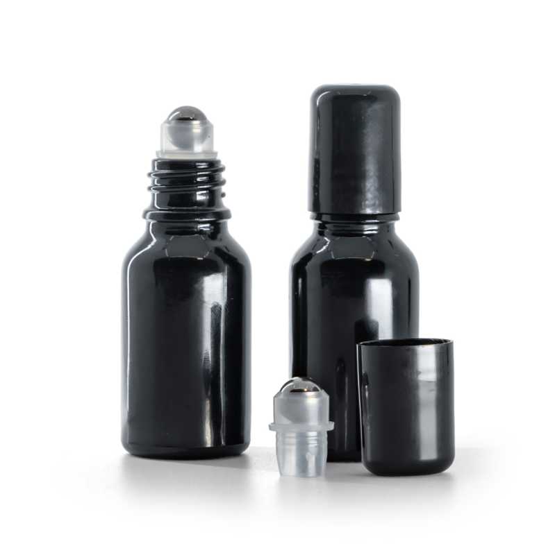 Fekete fényes üveg roll-on palack, 15 ml