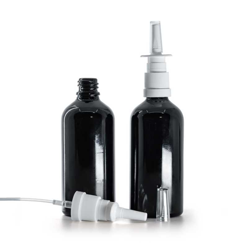 Fekete fényes üvegpalack, orrspray adagolóval, 100 ml