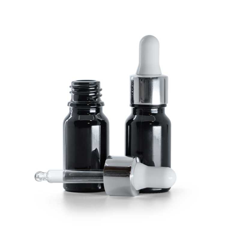 Fényes fekete üvegpalack, fényes ezüst pipetta, 10 ml