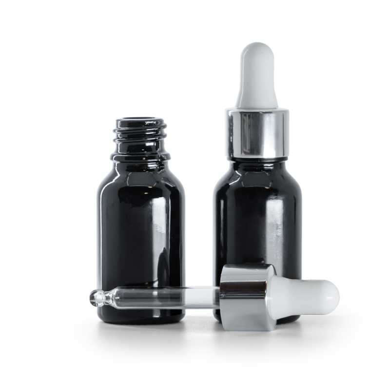 Fényes fekete üvegpalack, fényes ezüst pipetta, 15 ml