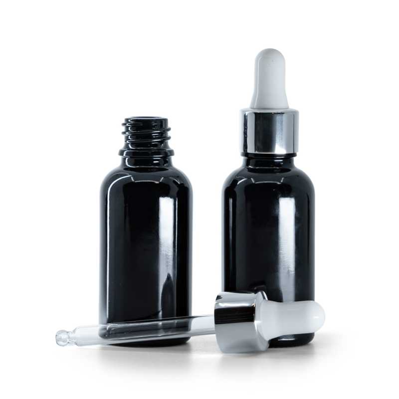 Fekete fényes üvegpalack ezüst fényes pipettával, 30 ml