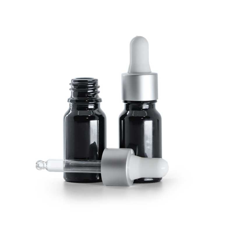 Fényes fekete üvegpalack, matt ezüst cseppentő, 10 ml