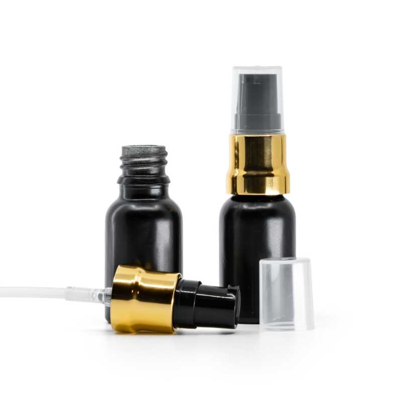 Matt fekete üvegpalack, fényes fekete-arany pumpás adagoló átlátszó kupakkal, 15 ml