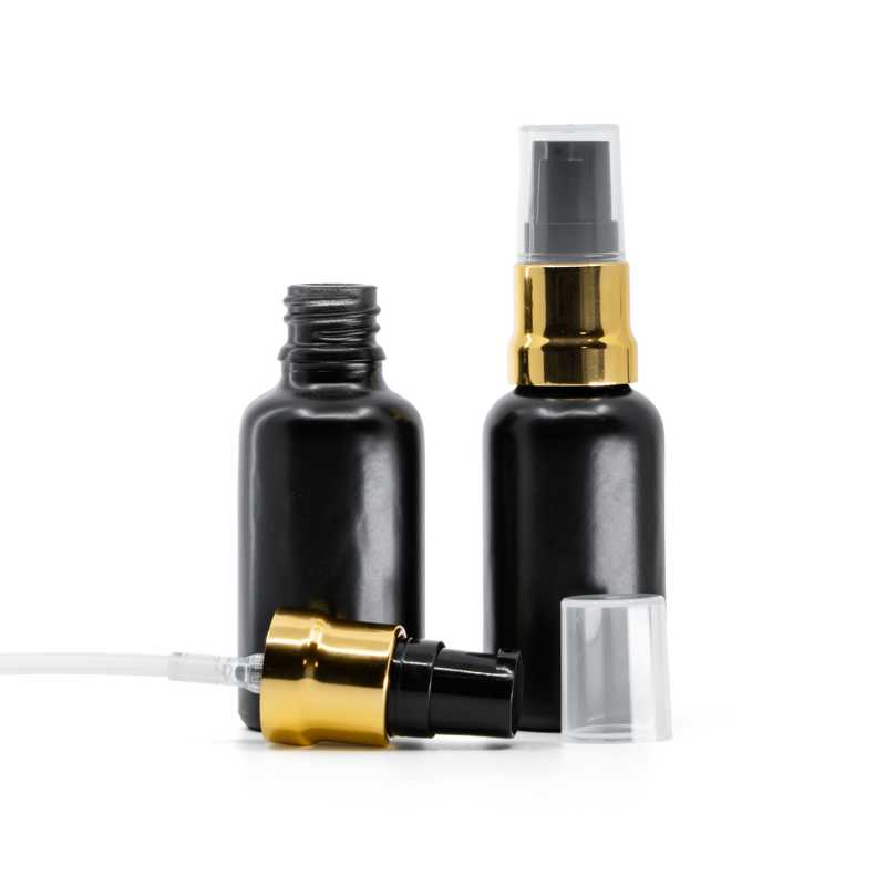 Matt fekete üvegpalack, fényes fekete-arany pumpa átlátszó kupakkal, 30 ml