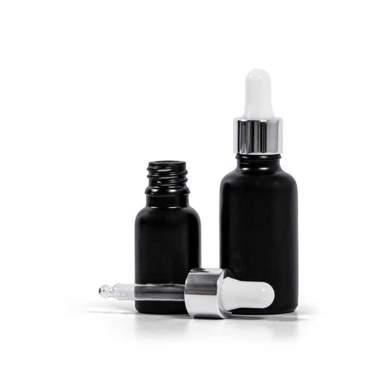 Matt fekete üvegpalack, fényes ezüst cseppentő, 15 ml