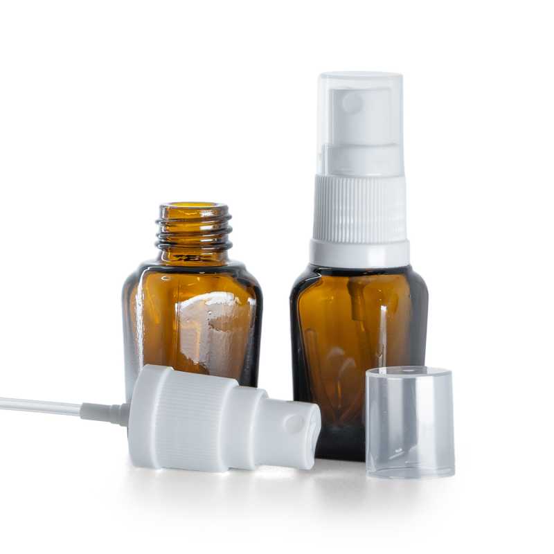 Szögletes borostyán üvegpalack fehér permetezőfejjel 10 ml