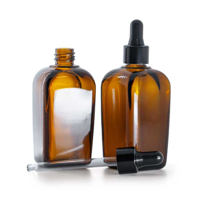 Szögletes borostyánszínű üvegpalack, fényes fekete cseppentő, 90 ml