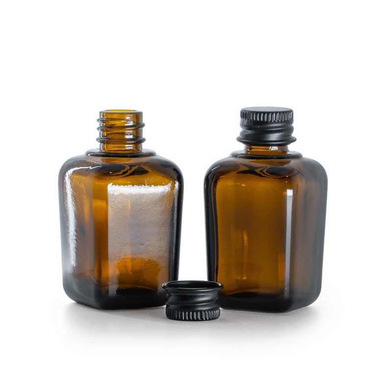 Szögletes borostyánszínű üvegpalack fekete alumínium kupakkal 30 ml
