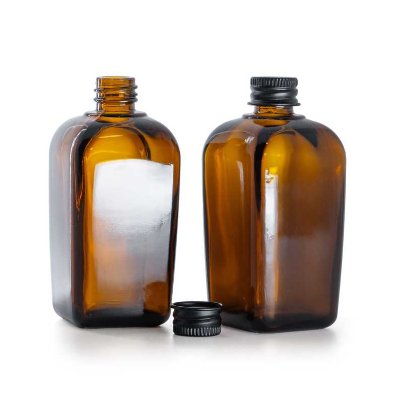 Szögletes üvegpalack fekete alumínium kupakkal 90 ml